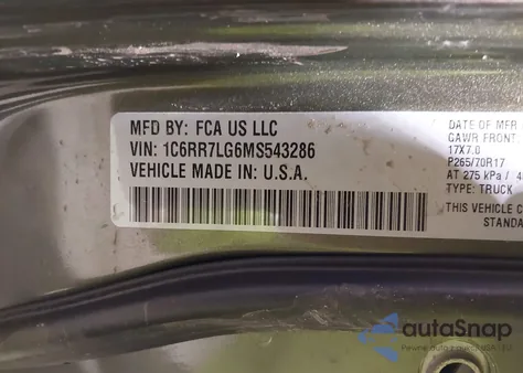 2021 Ram 1500 Classic Slt 4X4 5'7 Box z USA, uszkodzony, nr VIN 1C6RR7LG6MS543286